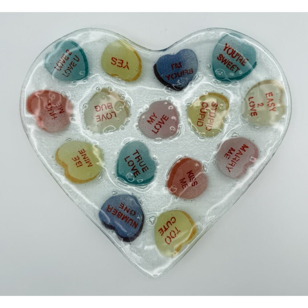 Peggy Karr Conversation Hearts Fused Glass Plate 10” Vintage Valentine Signed